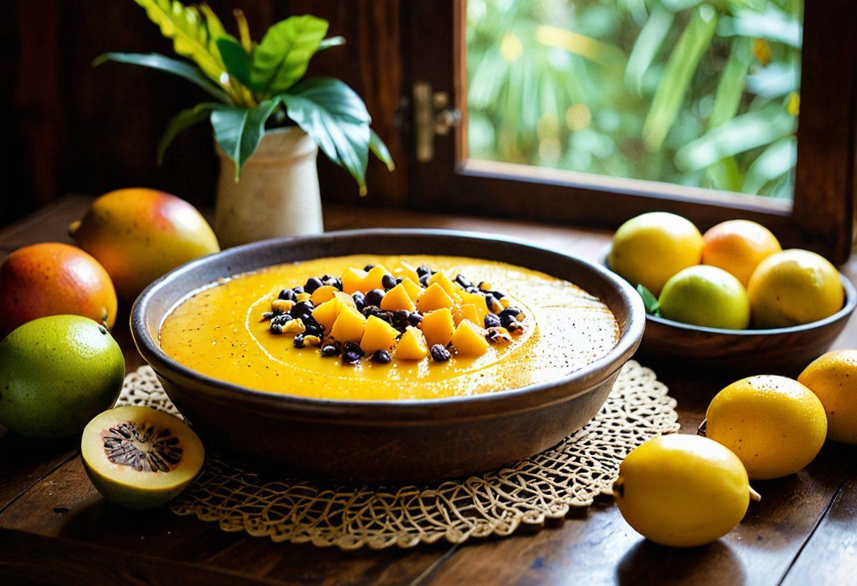 A beautifully plated Brazilian pudim on a rustic wooden table, surrounded by tropical fruits like mangoes and passion fruits. A cookbook open to a pudim recipe, with a whisk and mixing bowl nearby. Warm sunlight streaming through a nearby window enhances the cozy kitchen setting. super-realistic. vibrant colors. warm, inviting atmosphere.