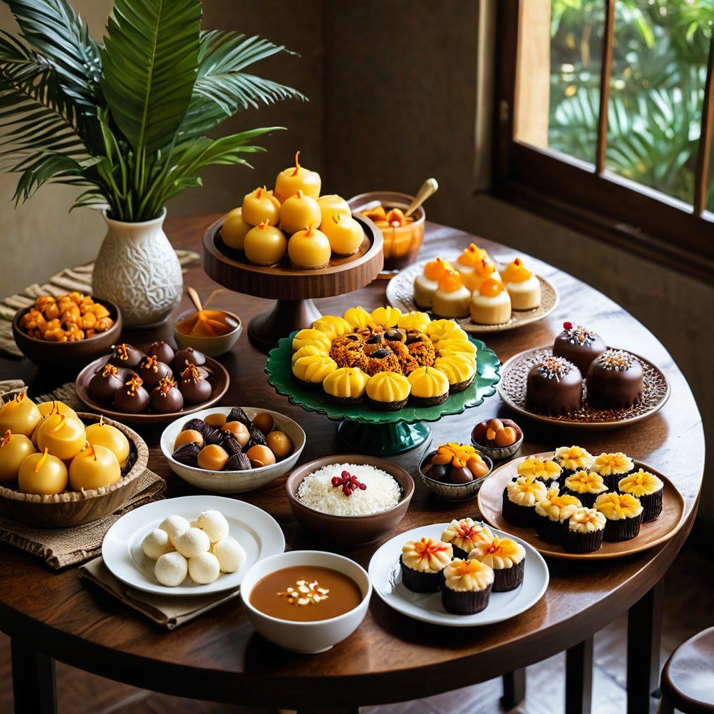 An inviting kitchen scene featuring a beautifully set table with various traditional Brazilian pudim desserts. Highlight different flavors, such as caramel, coconut, and chocolate with rich textures and gentle glistening surfaces. Include tropical fruits and rustic kitchen elements with warm, vibrant colors reflecting a festive atmosphere. super-realistic. vibrant colors.